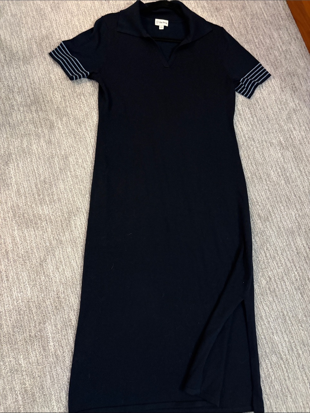 Classic Navy Polo Maxi Dress with Striped Sleeve Detail